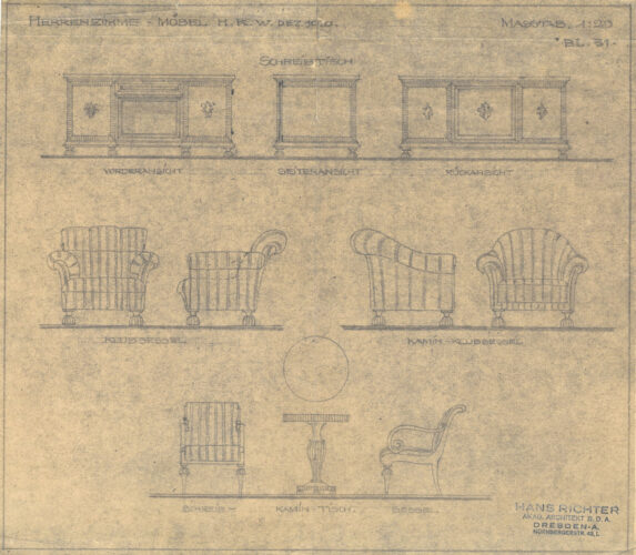 Zeichnerische Darstellung von Möbeln in drei Reihen übereinander. Von oben nach unten sind ein Sideboard in drei Ansichten, zwei gestreifte Sessel in je zwei Ansichten und unten ein gestreifter Stuhl und ein Tisch in zwei Ansichten dargestellt.